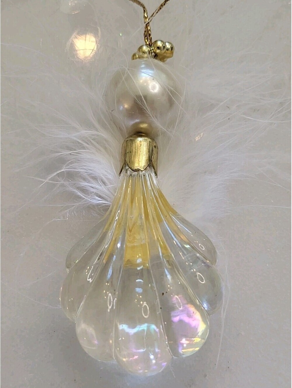 Vtg Acrylic Iridescent Pearl Angel W Feather Wings Christmas Ornament 3" A87